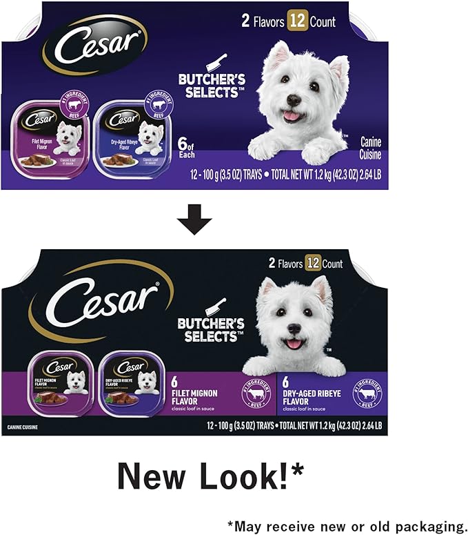 Cesar Wet Dog Food Classic Loaf in Sauce Butcher's Selects Variety Pack, Dry-Aged Ribeye Flavor and Filet Mignon Flavor, 3.5 oz. Trays (12 Count, Pack of 1)
