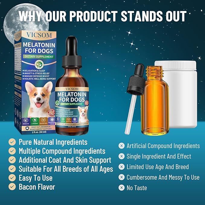 Liquid Melatonin for Dogs, Dog Melatonin with L-Theanine for Small Medium Large Dog Sleep Aid, Stress & Anxiety Relief, Calm Aid for Dogs Puppies, Support Relaxation & Deep Sleep, 60ml