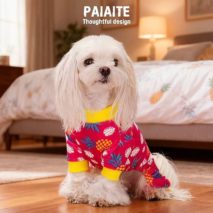 Paiaite 4-Legged Cotton Stretchable Jumpsuit Pjs: Pineapple Pattern Dog Pajamas - Lightweight Cozy Puppy Onesie Clothes, Comfortable Pet Sleepwear Jammies for Hair Shedding Coverage Yellow Edge XL