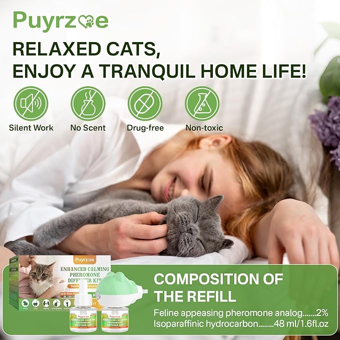 Cat Calming Diffuser with 3 Timing Functions, 3-in-1 Cat Pheromones Calming Diffuser Kit, 60-Day Anxiety Relief, Stress Reduction & Relaxation for All Cats (1 Diffuser + 2 Refills)