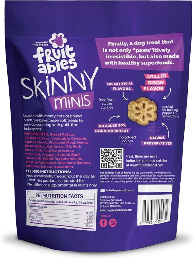 Fruitables Skinny Mini Dog Treats, Healthy Sweet Potato Treat for Dogs, Low Calorie & Delicious, Puppy Training, Free of Wheat, Corn and Soy, Made in the USA, Grilled Bison Flavor, 5oz