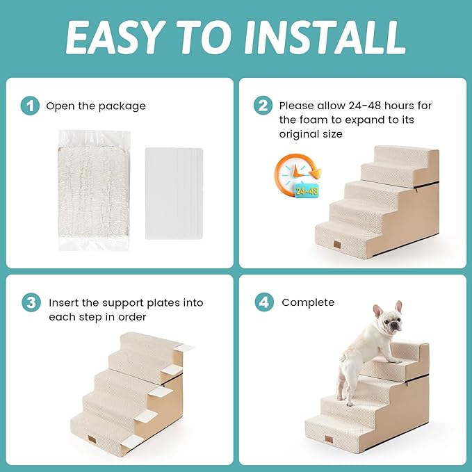 Dog Stairs for Small Dogs, 5 Tier Removable Wider Pet Stairs for Couch and Bed, 23.6" H Non-Slip Dog Steps for Puppies and Old Cats with Support Board, 19.7x29.5x23.6 inch, Beige