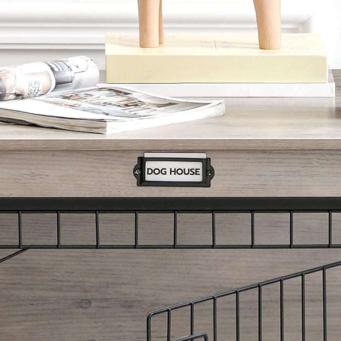 HOOBRO Dog Crate Furniture, 32.5" Medium Dog Kennel Indoor, Wooden Cage with Pull-Out Tray, Double Doors Pet House Side End Table for Medium/Small Dogs, Greige BG802GW03