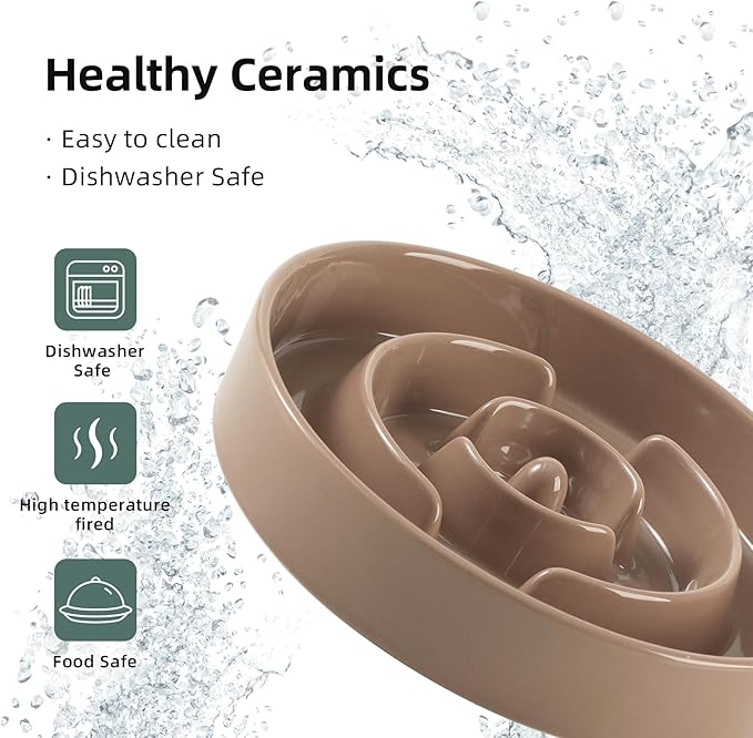 8.2inch Ceramic Raised Slow Feeder Dog Bowl Set, Elevated Wooden Stand for Large and Medium Dog, Puzzle Slow Dish, Preventing Choking(Brown Coffee, Single Bowl+ Stand)