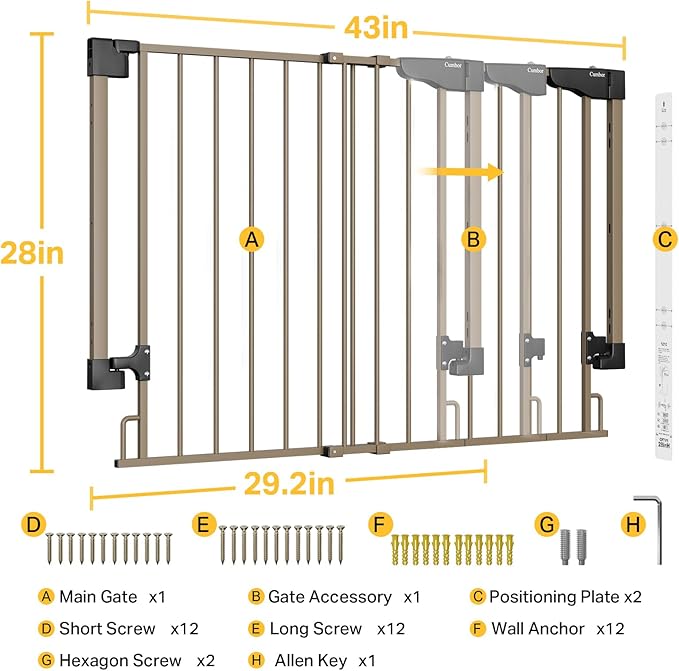 Cumbor 29.2–43" Baby Gate for Stairs, Wall-Mounted (Drill Required), Expandable No Bottom Bar Dog Gate, Auto Close Extra Wide Walk Thru, Pet & Toddler Proof Gate, Top & Bottom of Stairways (Brown)