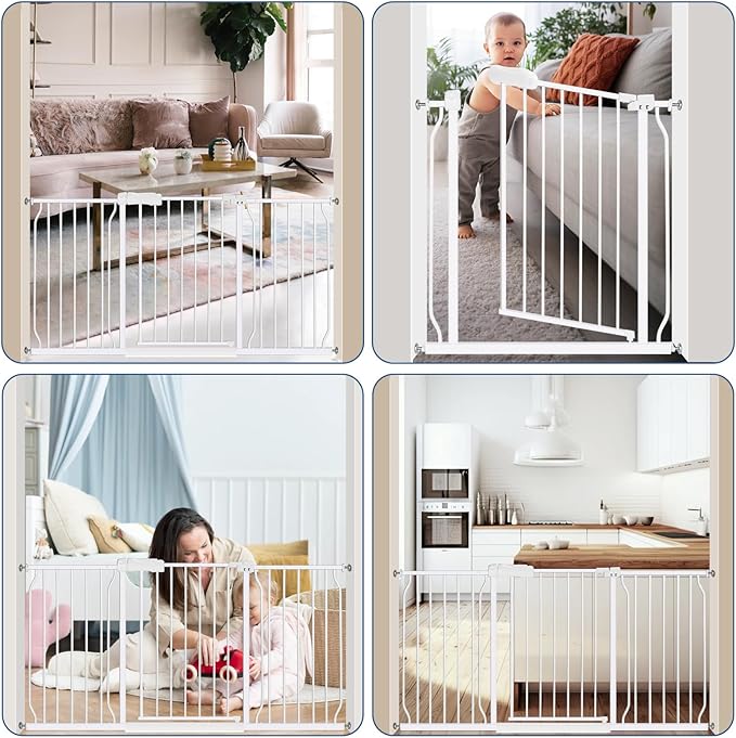 Extra Wide Baby Gate 57.5-62.2 Pressure Mounted,Child Dog Pet Safety Gates with Walk Through Door for Doorways Stairs No Drilling in Door,White