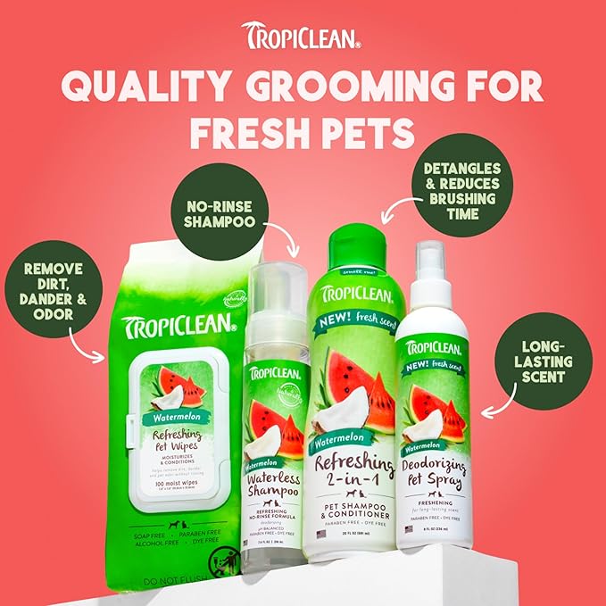 TropiClean Watermelon Waterless Shampoo | Dry Shampoo for Cats & Dogs | Cat & Dog Bath Supplies 7.4 oz | Made in The USA