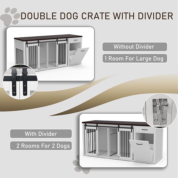 Large Dog Crate Furniture Large Breed,71 Inch Wooden Dog Crate with Tilt Out Trash Cabinet,Drawers,Divider and Sliding Barn Door, Double Doors Dogs Crate for 2 Dogs (White)