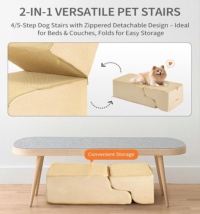 Made4Pets Dog Stairs Ramp for Bed, 4-Step Dog Steps for High Bed Couch Sofa Climbing, 35D Foam Pet Steps for Small Dogs and Cats, Non-Slip Bottom Pet Stairs, Tan