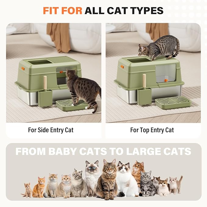 Stainless Steel Cat Litter Box with Scoop, Metal Litter Box High Sided, Cat Litter Box Enclosure, XL Extra Large High-Sided Litter Boxs (Anti-Urine Leakage, Include Scoop) (Green)