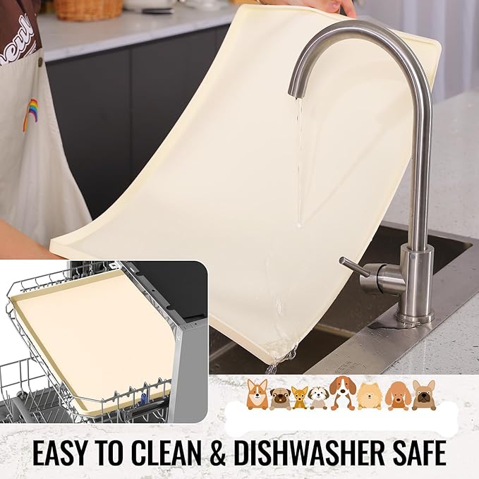 MateeyLife Dog & Cat Food Mat, Waterproof & Nonslip Silicone Feeding Mats for Dogs and Cats, Raised Edge Tray for Messy Drinkers, 22"x14", Beige