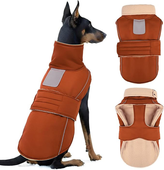 ASENKU Dog Coat & Winter Jacket, Warm Dog Coat for Large Dogs with Reflective, Turtleneck with Button, Waterproof Cold Weather Coats (Red Brown, 2XL)