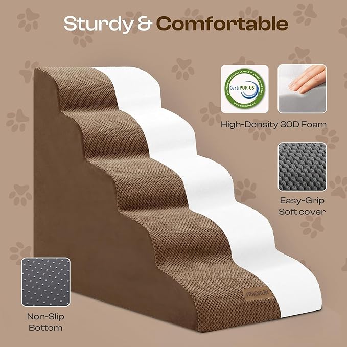 Replacement Cover for Miorun 5-Step Dog Stairs (Cover Only), Machine Washable, Anti-Slip, Fits Curved Dog Ramp for High Bed Up to 26", Coffee