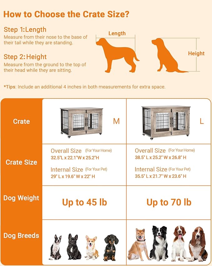 Dog Crate Furniture with Cushion Set of 2, Wooden Dog Kennel Indoor with Wheels & Double Doors, Dog Cage Side End Table for Medium Small Dogs up to 45 lb, 32.5” L, Grey