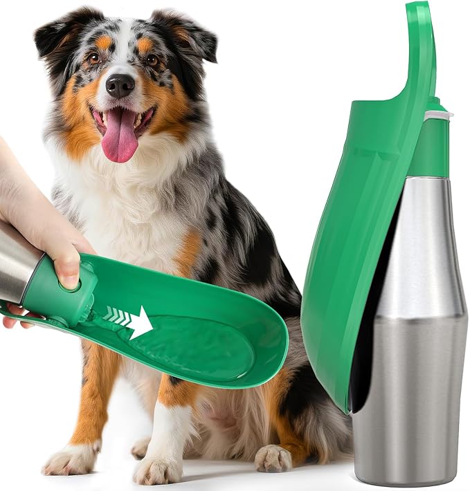 Stainless Steel Dog Water Bottle - 27 oz Portable Travel Dog Bottle & Bowl, Leak Proof Stainless Steel Metal Pet Water Bowl Dispenser for Camping, Hiking, Traveling, Walking (27oz, Green)