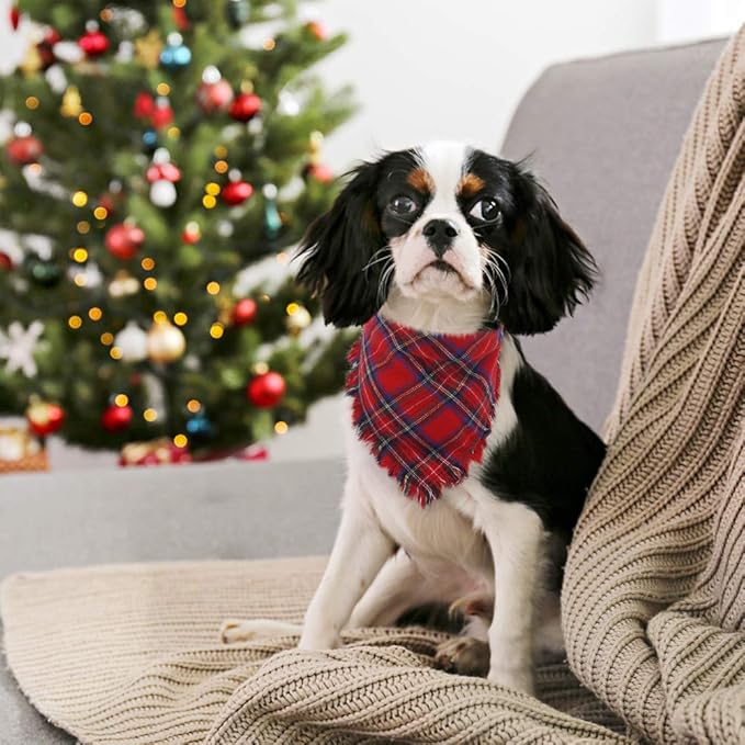 KOOLTAIL Christmas Plaid Dog Bandana 4 Pack - Classic Triangle Scarf Tassels Style Holiday for Dogs Cats Puppy