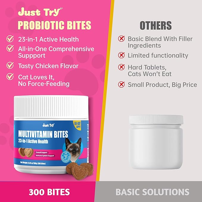 Just Try 23 in 1 Cat Vitamins Bites - Cat Treats for Immune, Skin & Coat & Heart Health - Multivitamin, Taurine, Omega 3, Biotin, Lysine for Cats - Daily Supplements for Indoor Cats (300 Bites)