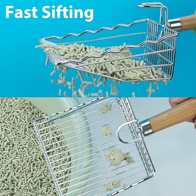 Metal Cat Litter Scoop with Holder, Poop Scooper with Stand&2 Rolls of Garbage Bag, Heavy Duty Stainless Steel Shovel with Wooden, Kitty Quick Sifter for Easy Cleaning, Essential Item for Cat