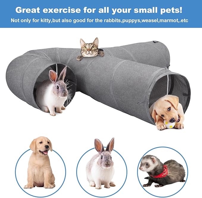 Ownpets Cat Tunnel 12 Inches in Diameter Larger Pet Tunnel Tube with Plush Ball & Feather Toy, U-Shaped Cat Play Tunnel for Big Cat, Puppy and Rabbits