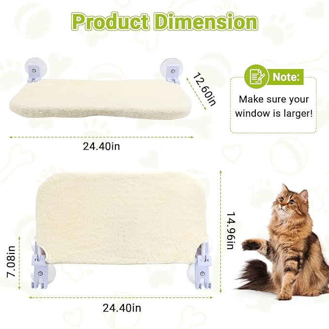Cordless Cat Window Perch, Foldable Cats Hammock Window Bed with Metal Frame, Soft Cover, Large Suction Cups, Indoor Kitten Window Resting Seat for Spring/Fall, Creamy