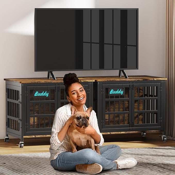 EasyCom 33"/27" Dog Crate Furniture with Name Tag, Heavy Duty Dog Kennel Indoor for Medium and Small Dogs, Double-Doors Sturdy Metal Dog Cage, Decorate House as TV Stand, End Table, Bedside Table