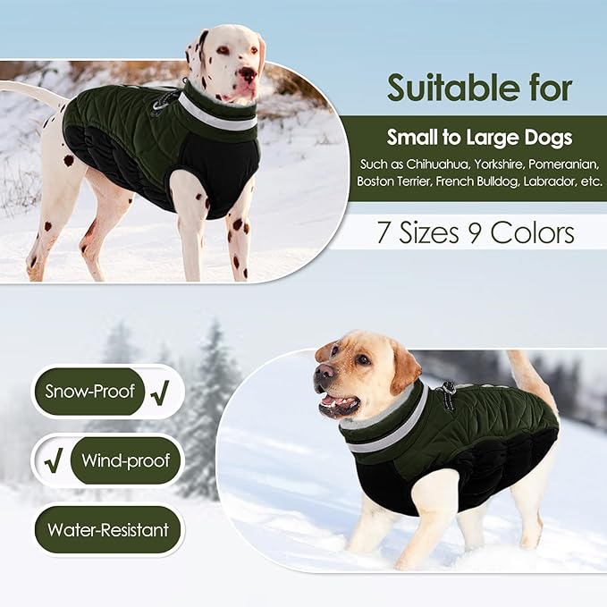AOFITEE Dog Coat, Warm Dog Winter Coat, Reflective Turtleneck Large Dogs Jacket with Harness Built in, Turtleneck Pet Winter Jacket, Waterproof Pet Snow Jackets Fleece Vest, Green XL