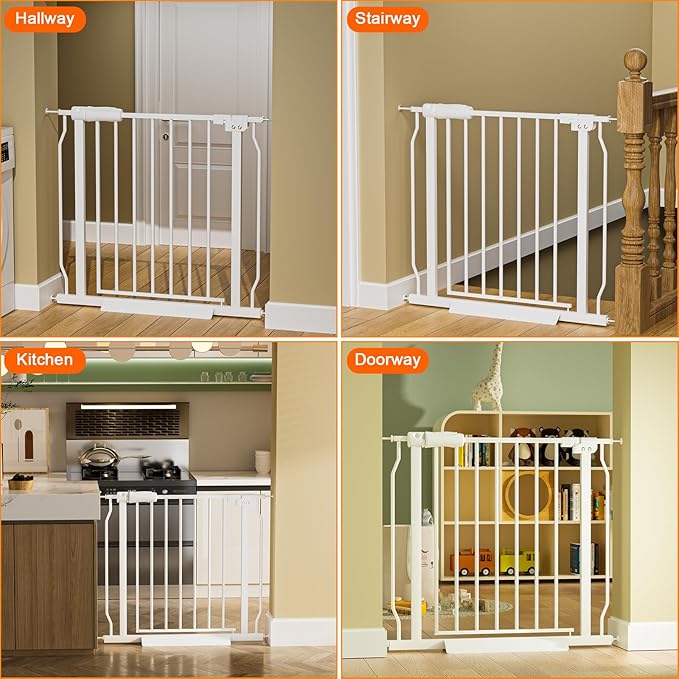 Narrow Baby Gates for Stairs Doorways Auto Close Tension White Metal Child Pet Safety Gates with Pressure Mount 29-34 Inch Wide