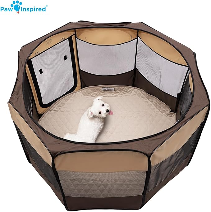 Paw Inspired 48 Inch Round Playpen Mat, Super Absorbent Fleece Cage Liner with Non-Slip Bottom, Waterproof Pet Play Pen Pad for Dogs, Rabbits, Guinea Pigs, Hamsters, Small Animals (Tan)