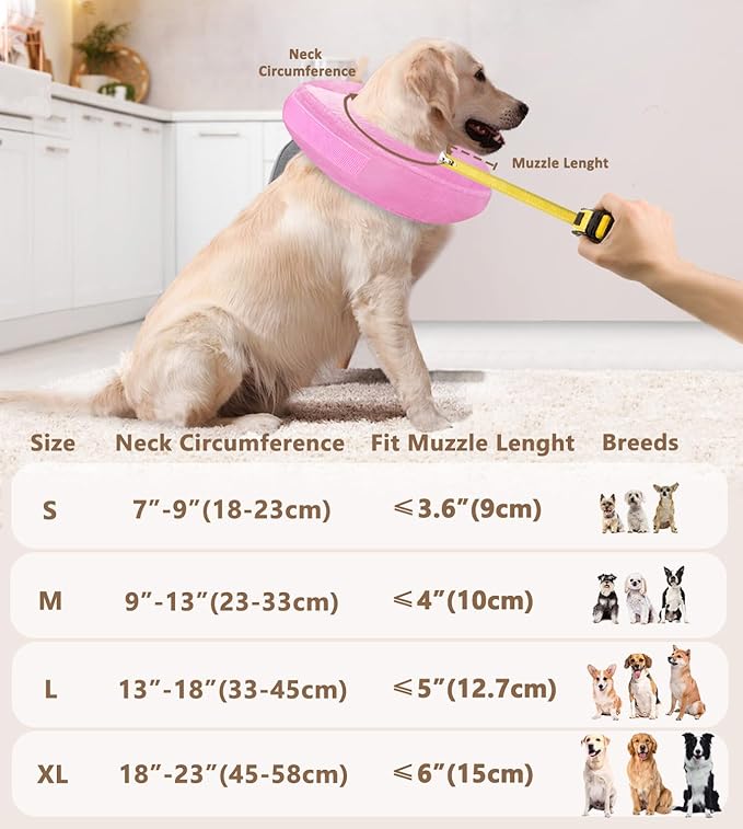 Inflatable Dog Cone Collar, Cone for Dogs to Stop Licking, Donut Collar After Surgery, Soft Dog Cone Alternative, Cones Collar for Small Medium Large Dogs (Pink, M (Neck 9"-13"))