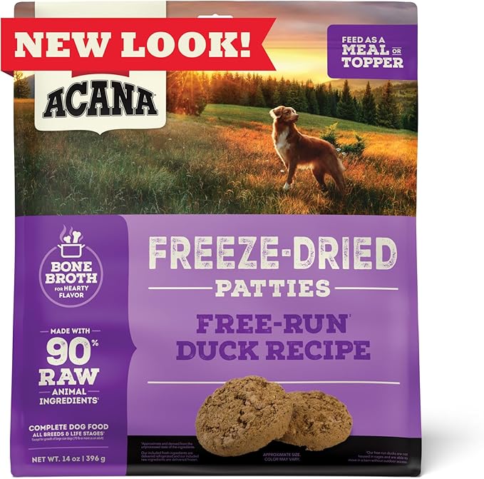 ACANA Grain-Free High Protein Freeze Dried Dog Food & Topper Free-Run Duck Recipe Patties 14oz Bag