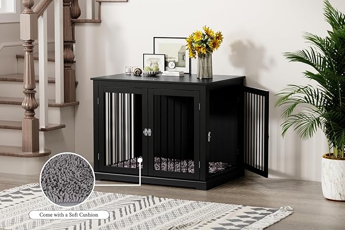 Large Dog Crate Furniture, Wooden Dog Kennel with Cushion, Dog Crate End Table Large, Indoor Dog Kennel, Modern Decorative Dog Crates with Flip Top, Chew-Proof Metal Bars, Black