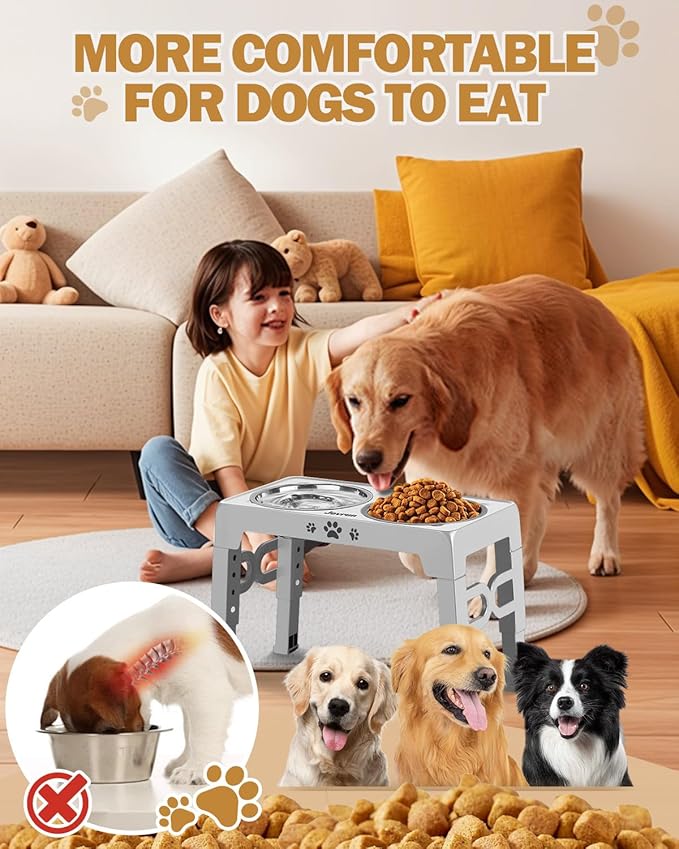 Elevated Dog Bowls, Dog Feeder with 2 Stainless Steel Dishes &1 Slow Feeder Bowl, 5 Heights Adjustable Raised Stand for Medium Large, Food Dishes with Non-Slip Feet