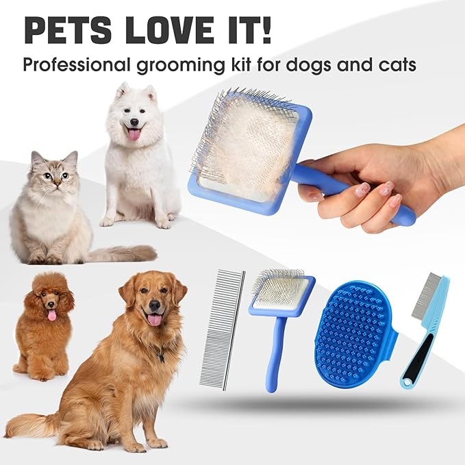 Dog Slicker Brush for Dogs Grooming Kit 4PCS | Large Dog Brush for Goldendoodles Poodles Doodles | Long Pin Haired Brush | Poodle Brushes and Comb (Blue)