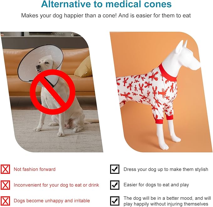 LovinPet Dog Recovery Bodysuit for Large Dogs Boy, Wound Care Cotton Pullover Dog Pajamas, Cozy Stretchy Fabric, Red Lobster Print, Large Dog Onesie for Surgery Recovery, Pitbull Party Clothes,2XL
