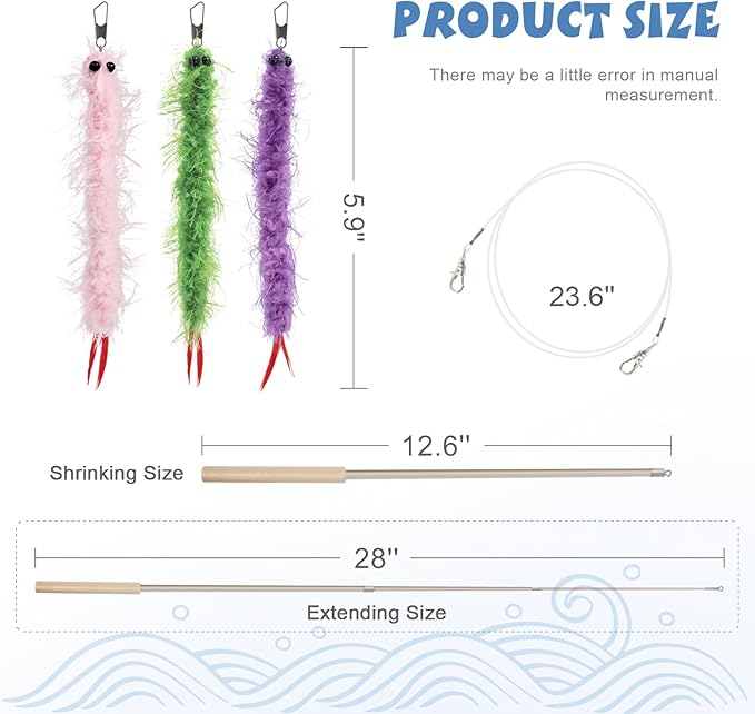 SONGWAY Worm Cat Toy Wand - 6 PCS Cat Worm Toys with Retractable Wand, Interactive Feather Tail Toys for Indoor Cats Kittens