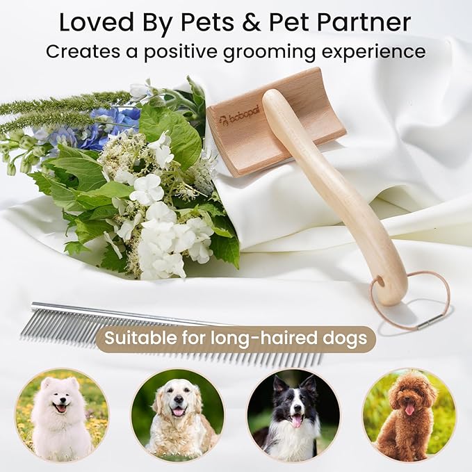 Dog Slicker Brush for Shedding,Dog Brush for Long Haired Dogs & Remove Tangles & Mats,Ergonomic Handle Grooming Like Professional,Beech Wood,S