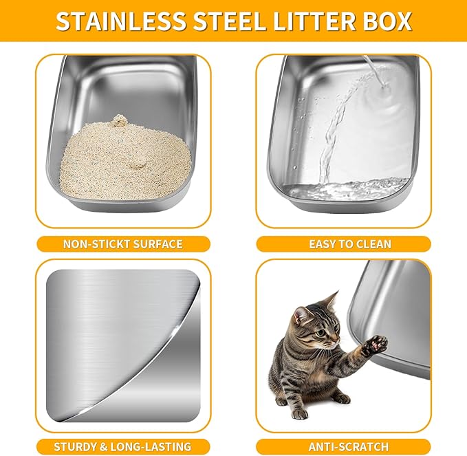 Stainless Steel Cat Litter Box with Lid, Extra Large Cat Litter Box for Large Cat, Metal Litter Pan with High Sided Enclosed and Scoop, Front & Top Entry, Anti-Leakage, Easy to Clean, Grey