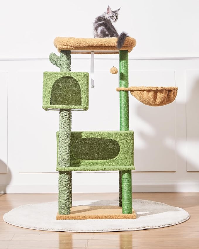 Taoqimiao Cat Tree,49-Inch Cat Tower for Indoor Cats,2 Luxurious cat condo with Adjustable Large Hanging Baskets and Large Luxurious Perch Smoky Gray MS029LT Cactus
