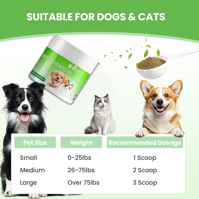 Dog Teeth Cleaning Powder, Dog Dental Powder and Cats Breath Freshener,Bad Breath & Tartar Remover for Dogs,Dog Teeth Cleaning with Enzymes- 60-Day Supply 150g