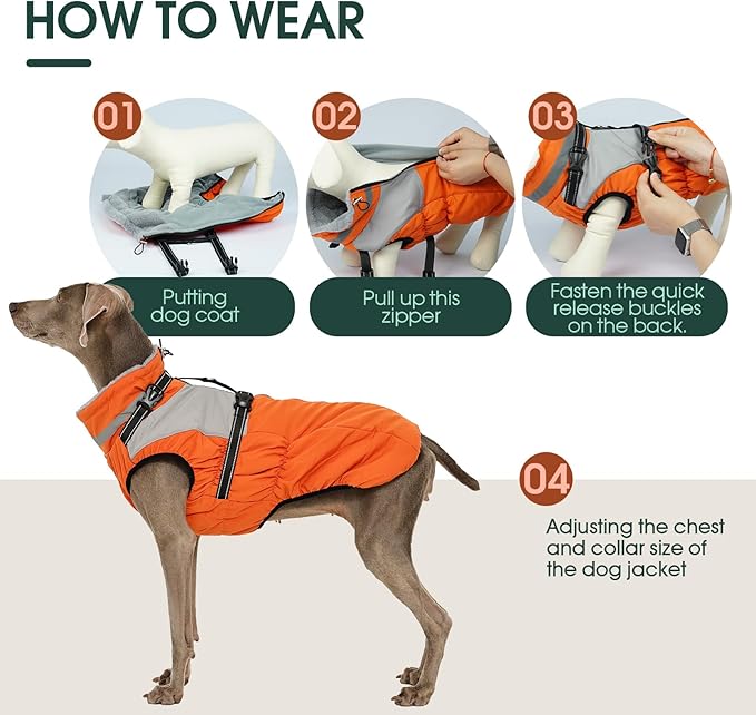 Kuoser Dog Coat, 2 in 1 Dog Jacket with Harness Built in, Winter Waterproof Puppy Puffer Jacket Snowsuit for Small Medium Large Dogs, Cold Weather Reflective Pet Fleece Vest with Zipper