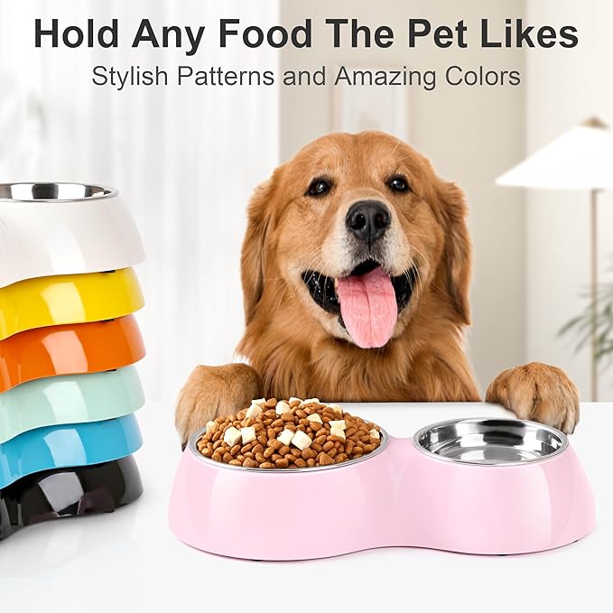 Elevated Dog Bowls Set - Non-Slip Raised Pet Feeder with Medium (10 oz) & Large (20 oz) Stainless Steel Bowls - Includes Durable Resin Stand for Puppies, Adult Dogs & Cats - Pink