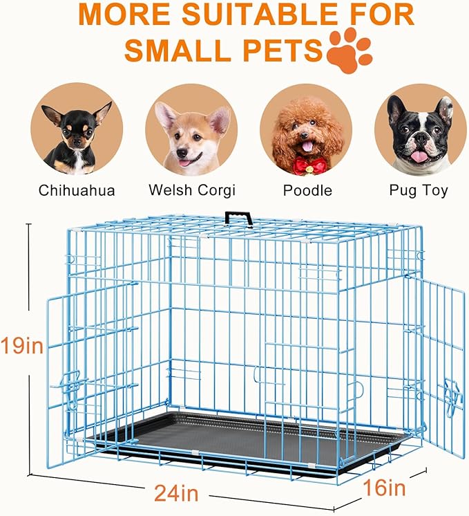 FDW 24inch Dog Crate Pet Cage with Metal Folding Design Plastic Tray Indoor Outdoor Dog Kennel Cage for Small Dogs,Blue