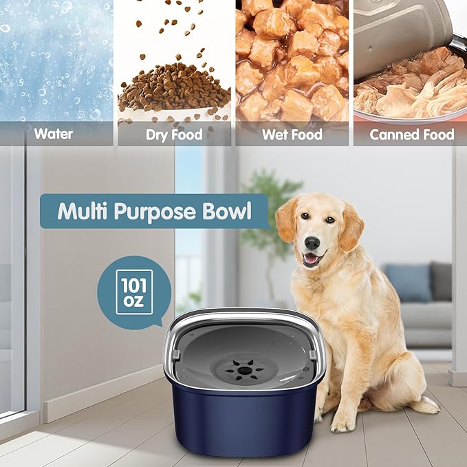UPSKY 3L Dog Water Bowl 101oz Stainless Steel No Spill Large Capacity Dog Food Water Bowl Slow Water Feeder, Spill Proof Pet Water Dispenser Vehicle Carried Travel Water Bowls