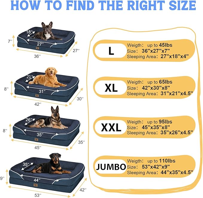 Washable Orthopedic Large Dog Bed - Removable Waterproof Cover with Bolster Machine Washable Extra Large Dog Bed Foam Support XL Large Big Pet Dogs Beds