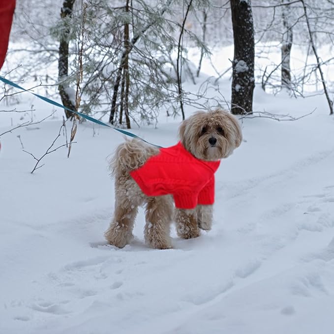 Queenmore Small Dog Pullover Sweater, Cold Weather Cable Knitwear, Classic Turtleneck Thick Warm Clothes for Chihuahua, Bulldog, Dachshund, Pug (Red, X-Large)