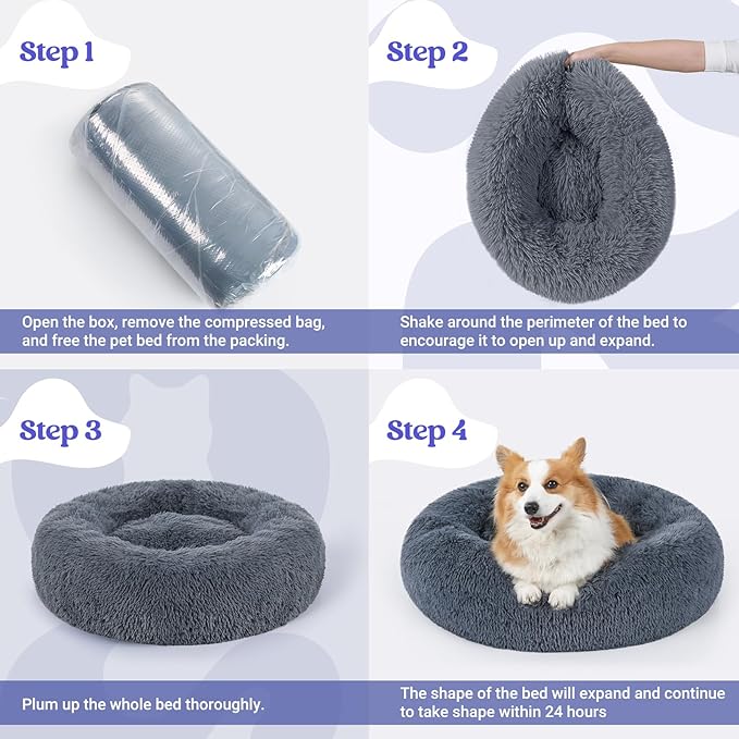 rabbitgoo Calming Dog Bed for Small Medium, 30 inches Pet Bed Machine Washable, Non-Slip Round Fluffy Plush Faux Fur Large Cat Cushion, Soft Donut Cuddler Cushion for Small Dogs, Dark Grey