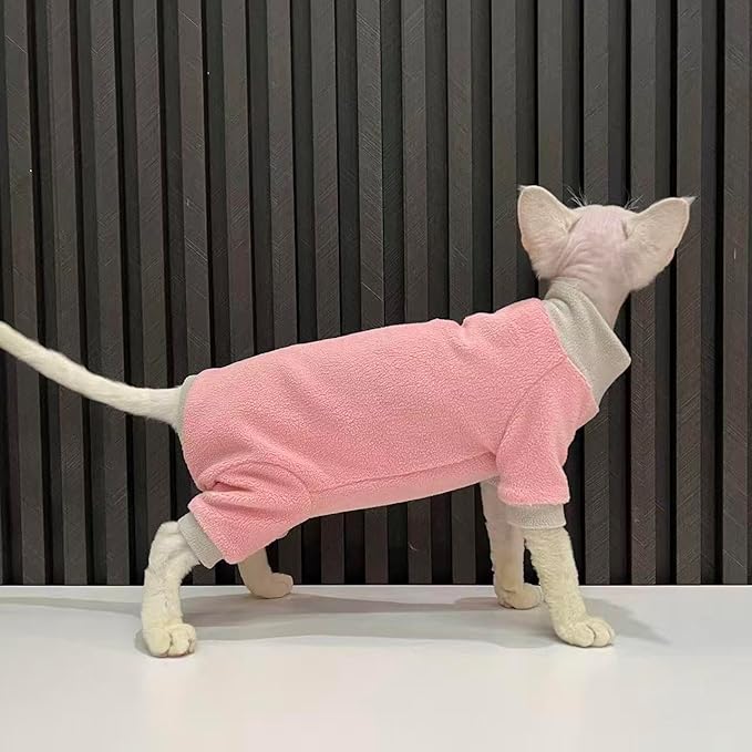 Sphynx Cat Clothes Winter Soft Warm Polar Fleece Turtleneck Pullover Four Leg Jumpsuit Fashion Splicing Base Shirt Cat Apparel, (X-Small(1.7-2.2lb))