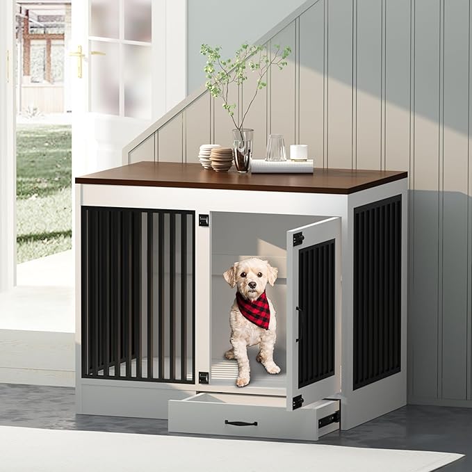 White Heavy Duty Furniture Dog Crate, Wood and Metal Kennel Cage, Pet House End Table with Drawer and Pull-Out Design, Dog Home for Indoor use, Large Size