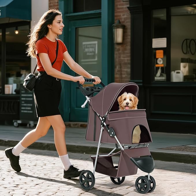 Cat Dog Stroller - 3-Wheels for Medium/Puppy Dogs 30 Lbs, Cats - Foldable with Storage Basket, Cup Holder, Breathable Mesh - Coffee