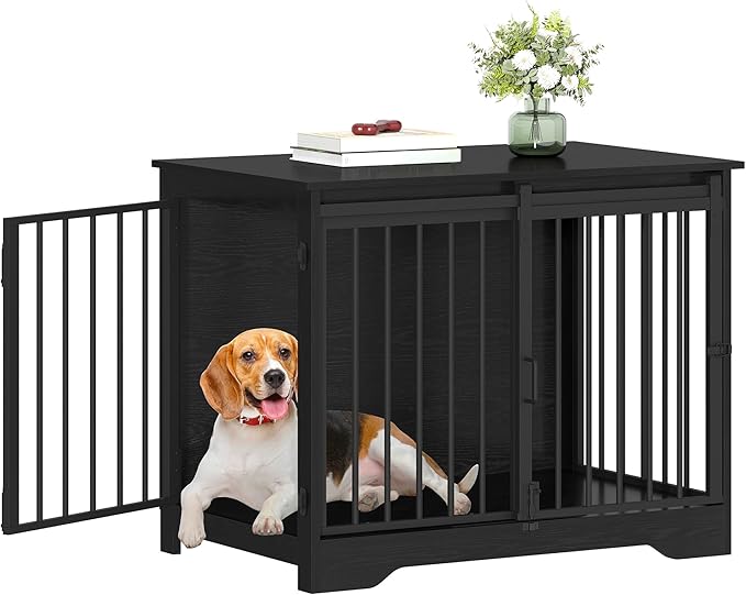 31.9" Dog Crate Furniture with Barn Door, Heavy Duty Dog Kennel Indoor with 2 Doors, Wooden Pet Cage End Table for Small Medium Dogs up to 44 lb, Anti-Chew Anti-Escape, Black DFC83604B